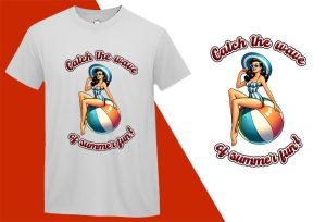 Catch Wave Summer Fun, Pin-up Girl Retro Funny T-shirt, Sarcastic Humor T shirt Tee T-shirt Plus Size Shirts