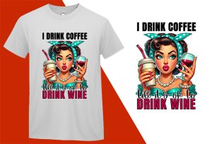 Drink Coffee Till Ok Wine, Grumpy Pin-up Housewife Funny T-shirt, Sarcastic Humor T shirt Tee T-shirt Plus Size Shirts
