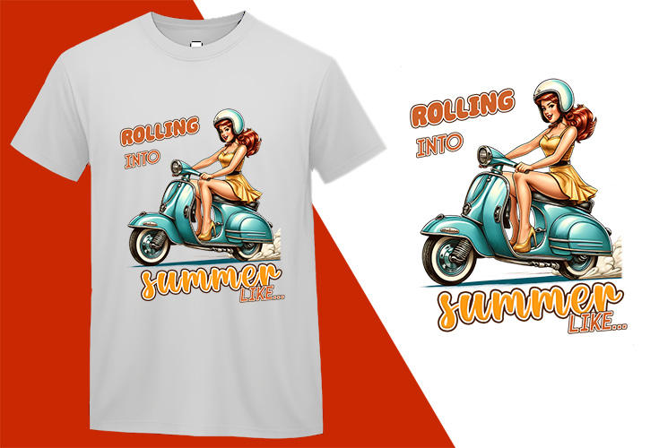 Rolling into Summer on a Scooter, Pin-up Girl Retro Funny T-shirt, Sarcastic Humor T shirt Tee T-shirt Plus Size Shirts