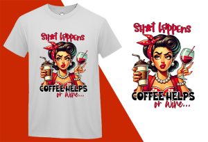 Sh-t Happens Coffee Helps Wine, Grumpy Pin-up Housewife Funny T-shirt, Sarcastic Humor T shirt Tee T-shirt Plus Size Shirts