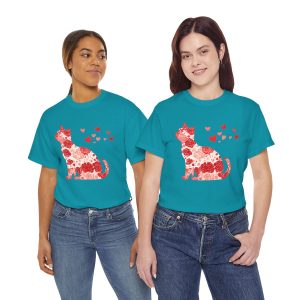 Cute Valentine Cat Floral, Plus Size T-shirt