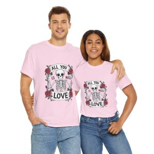 Skeleton Graphic Valentines Day T-shirt, All You Need Is Love Skull Roses, Plus Size