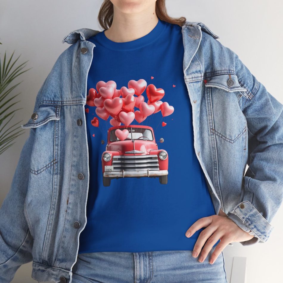 Valentines Day T-shirt, Retro Red Pickup Truck With Heart Balloons